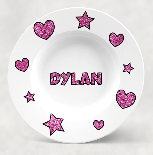 Personalized Bowl | Pink Sparkle Hearts & Stars - H12