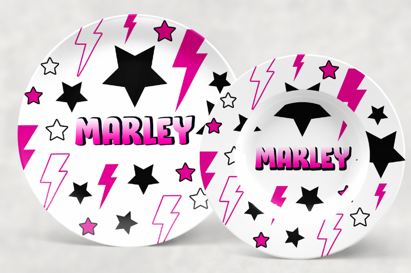 Personalized Plate | Hot Pink Stars & Bolts ST9