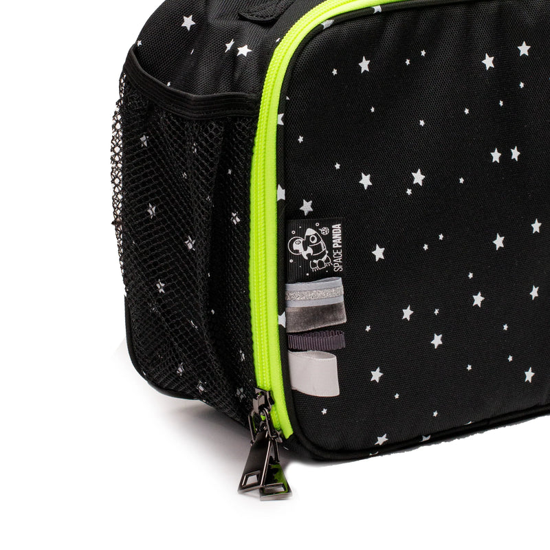 Space Panda Lunch Bag | White Stars & Neon Yellow Zipper